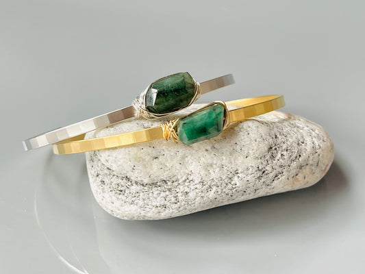 Dainty Emerald Gemstone Cuff - Sterling Silver & Matte White Gold