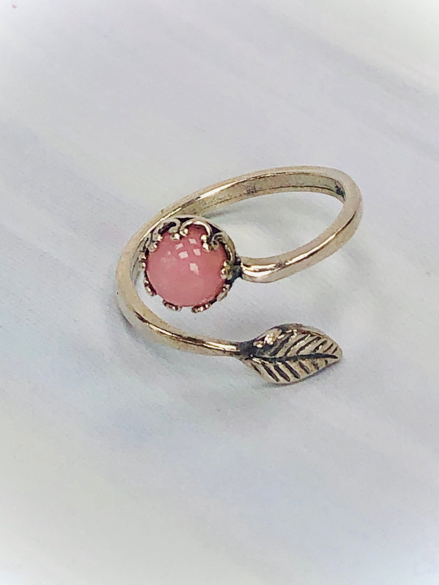Handmade Pink Opal & Leaf Sterling Silver Ring