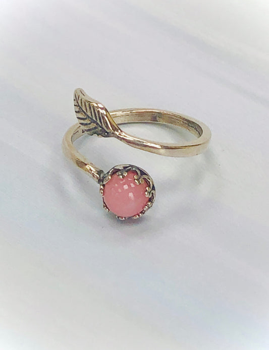 Handmade Pink Opal & Leaf Sterling Silver Ring