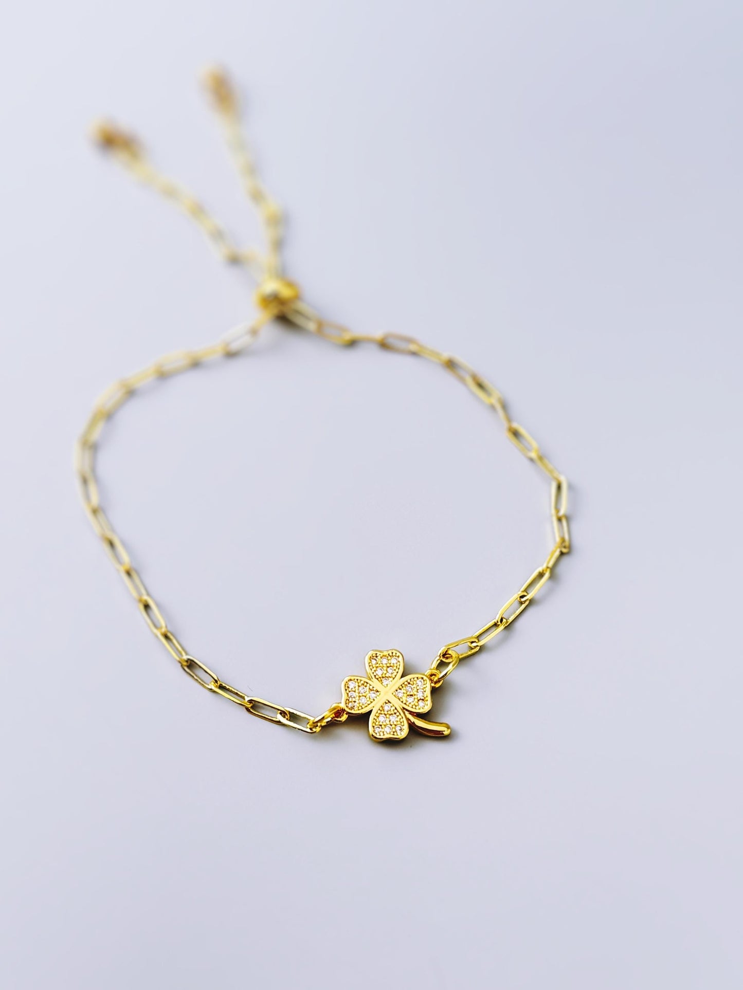 Crystal Pave Clover Paperclip Chain Bracelet