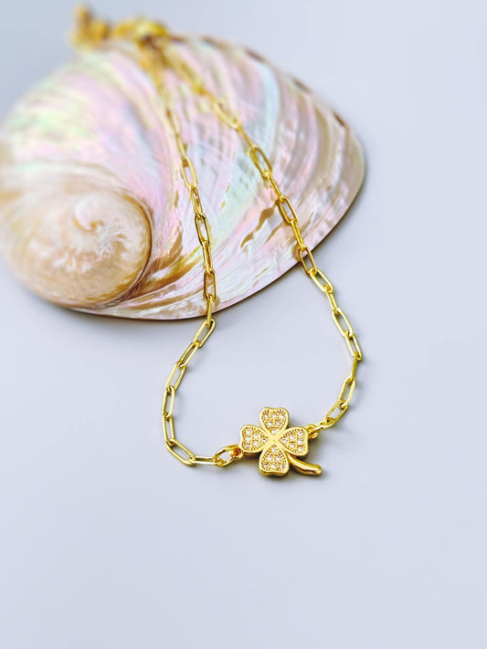 Crystal Pave Clover Paperclip Chain Bracelet