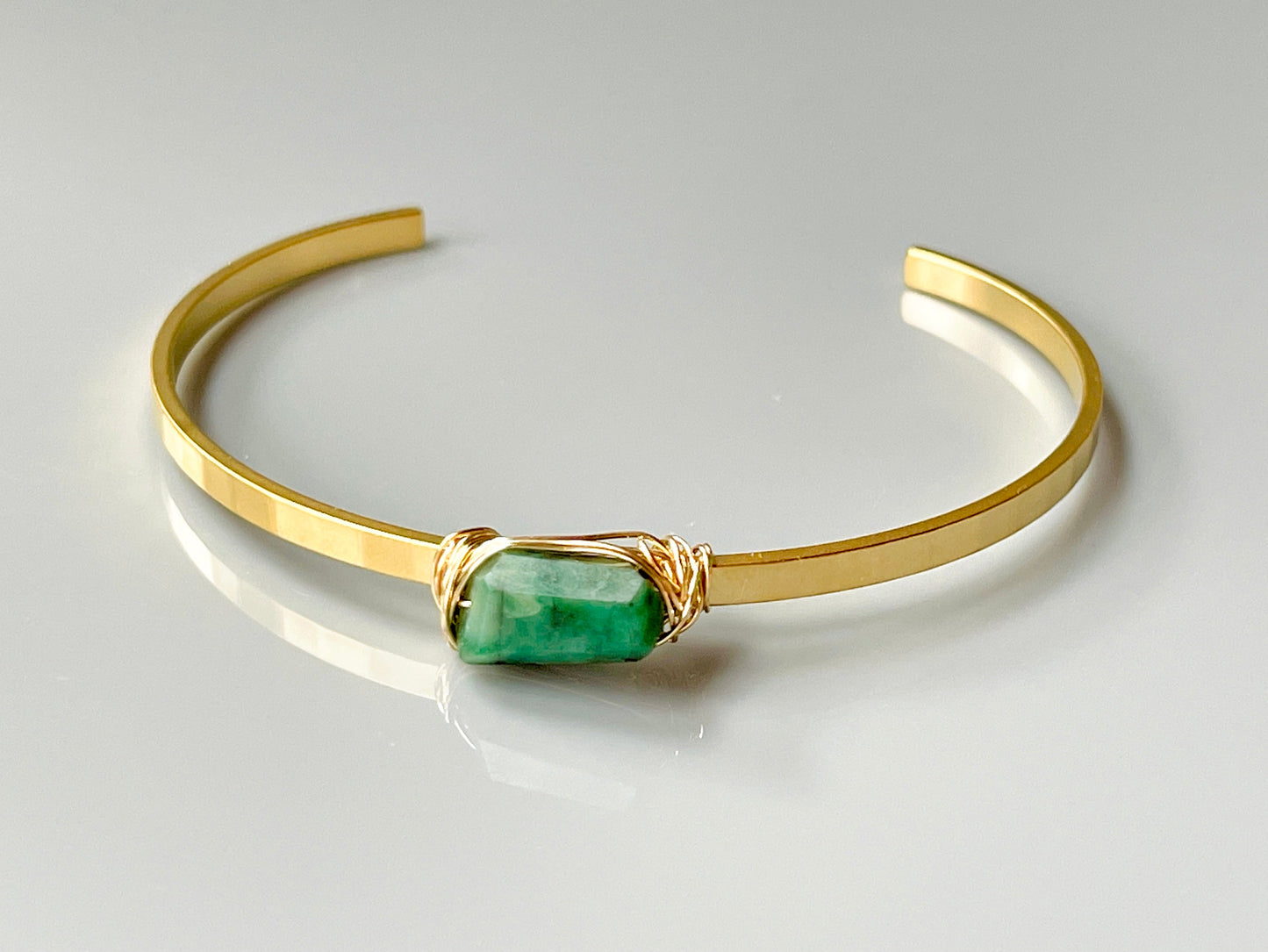 Dainty Emerald Gemstone Cuff - Sterling Silver & Matte White Gold