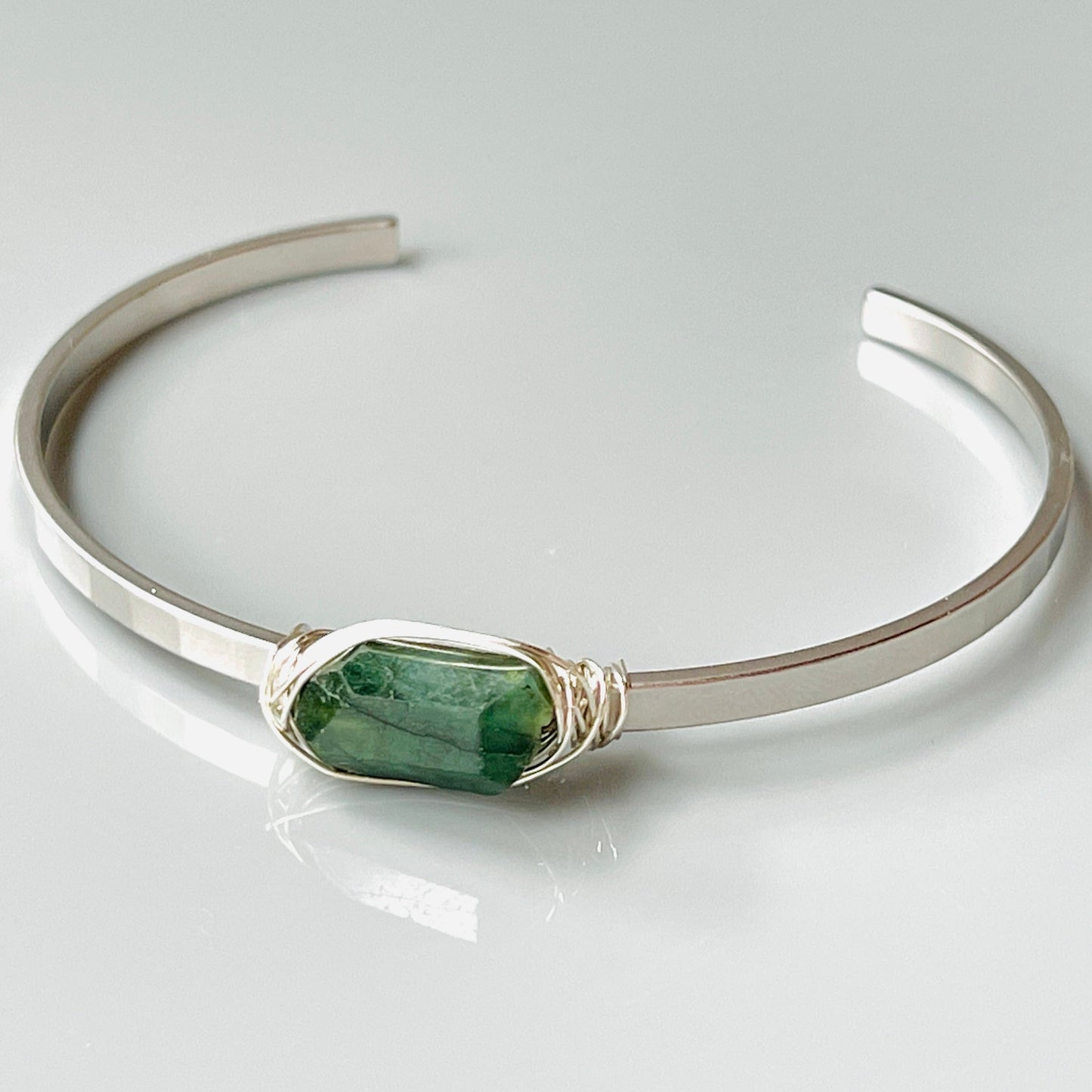 Dainty Emerald Gemstone Cuff - Sterling Silver & Matte White Gold