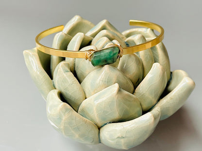 Dainty Emerald Gemstone Cuff - Sterling Silver & Matte White Gold