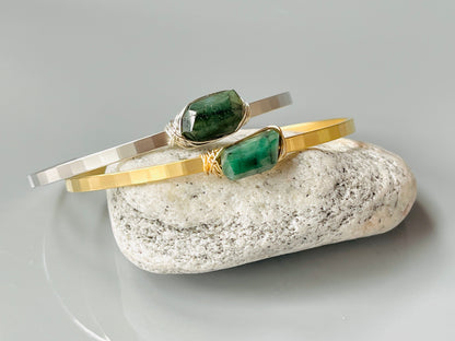 Dainty Emerald Gemstone Cuff - Sterling Silver & Matte White Gold