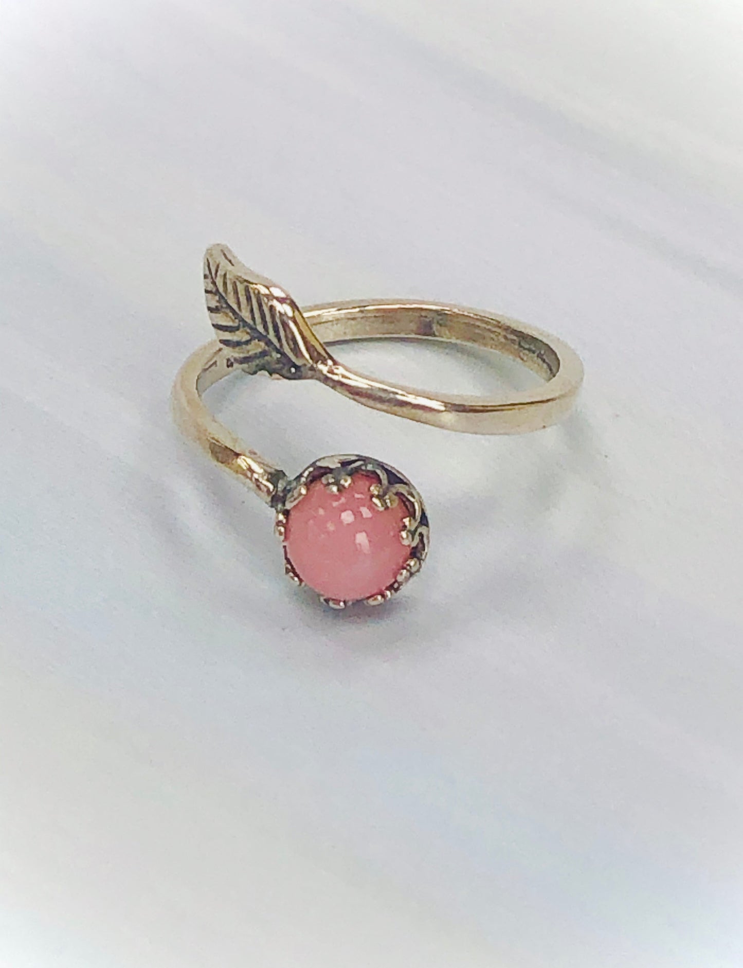 Handmade Pink Opal & Leaf Sterling Silver Ring