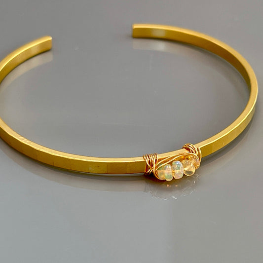 Handmade 14k Gold Fill Hammered  Opal Cuff Bracelet