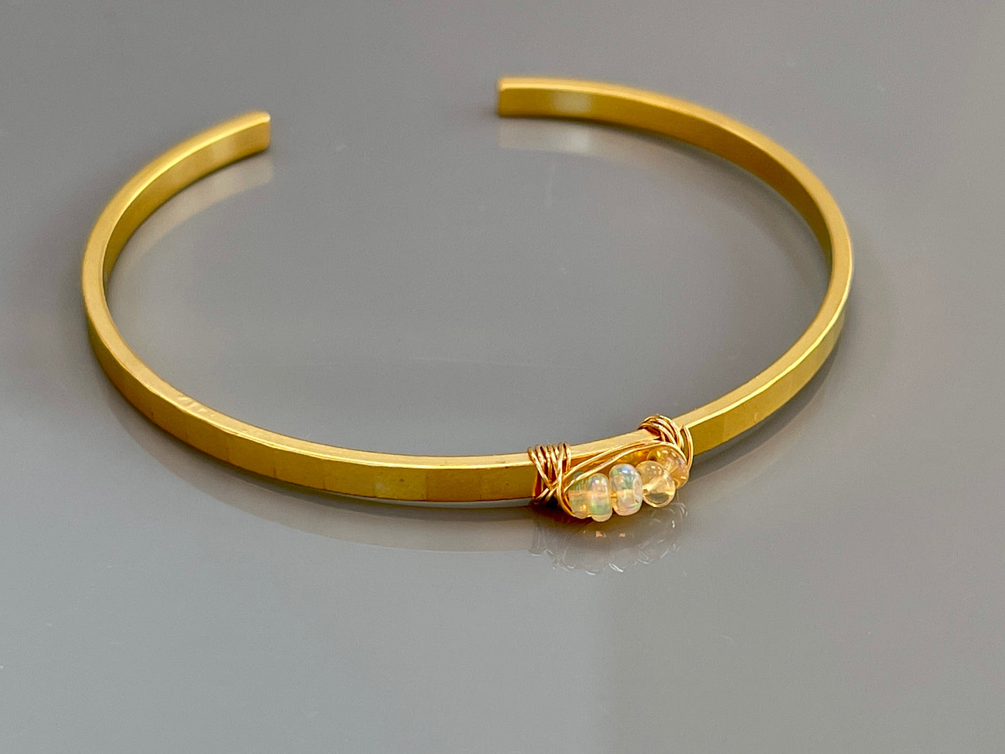 Handmade 14k Gold Fill Hammered  Opal Cuff Bracelet