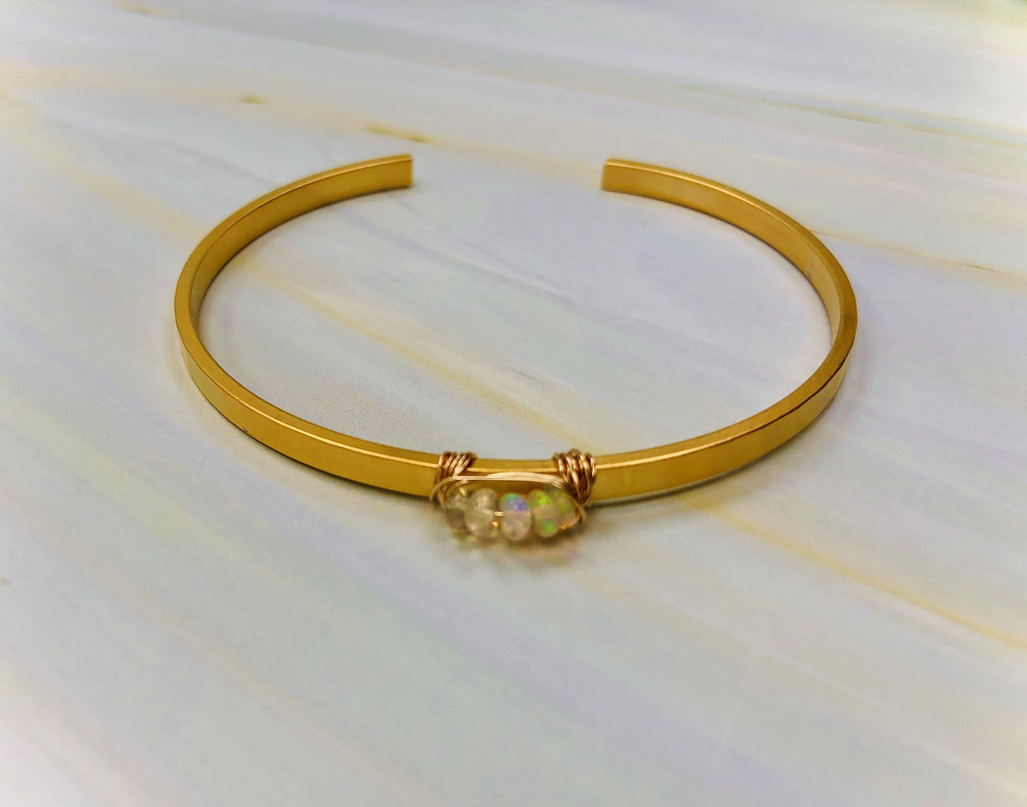 Handmade 14k Gold Fill Hammered  Opal Cuff Bracelet