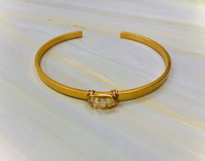 Handmade 14k Gold Fill Hammered  Opal Cuff Bracelet