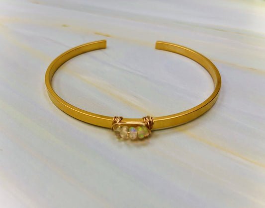 Handmade 14k Gold Fill Hammered  Opal Cuff Bracelet