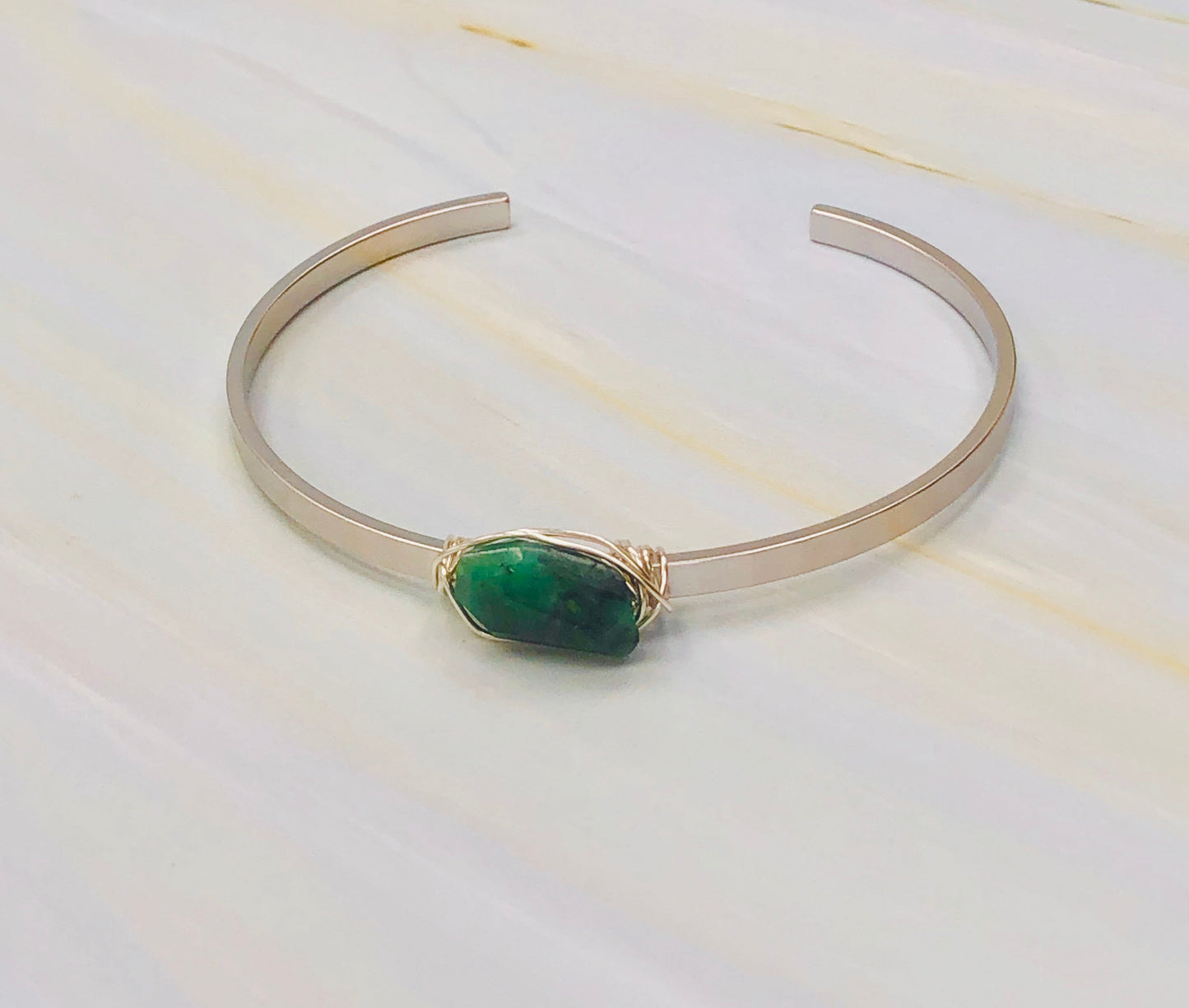 Dainty Emerald Gemstone Cuff - Sterling Silver & Matte White Gold