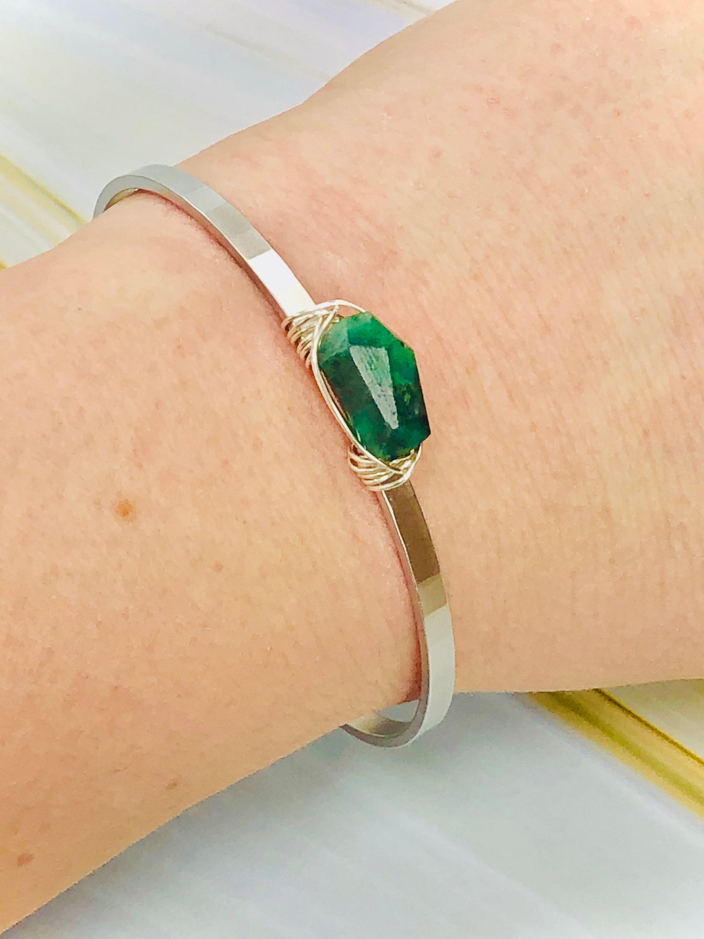 Dainty Emerald Gemstone Cuff - Sterling Silver & Matte White Gold