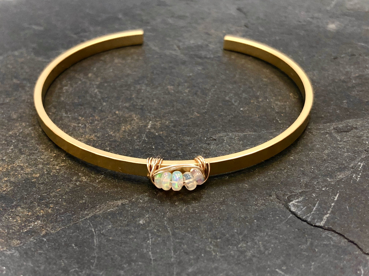 Handmade 14k Gold Fill Hammered  Opal Cuff Bracelet