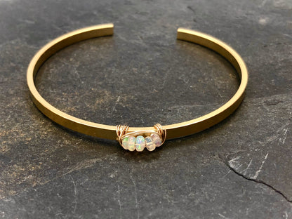 Handmade 14k Gold Fill Hammered  Opal Cuff Bracelet