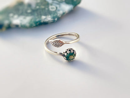 Adjustable Moss Agate Leaf Sterling Silver Ring