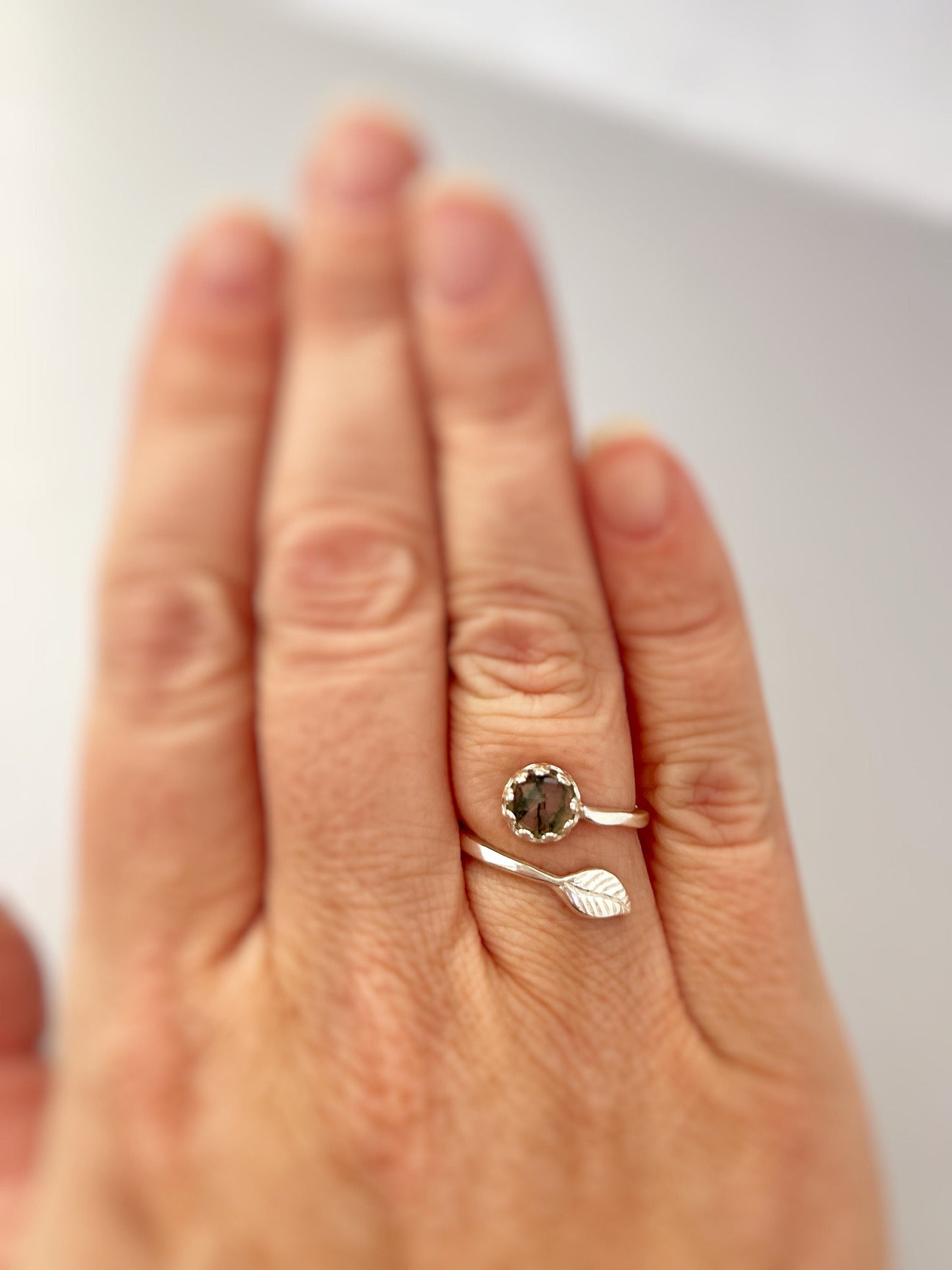 Adjustable Moss Agate Leaf Sterling Silver Ring