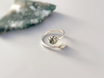 Adjustable Moss Agate Leaf Sterling Silver Ring