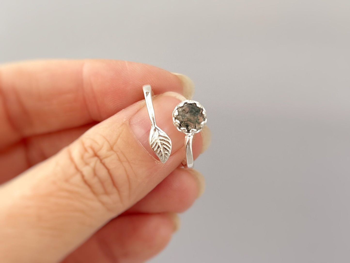 Adjustable Moss Agate Leaf Sterling Silver Ring