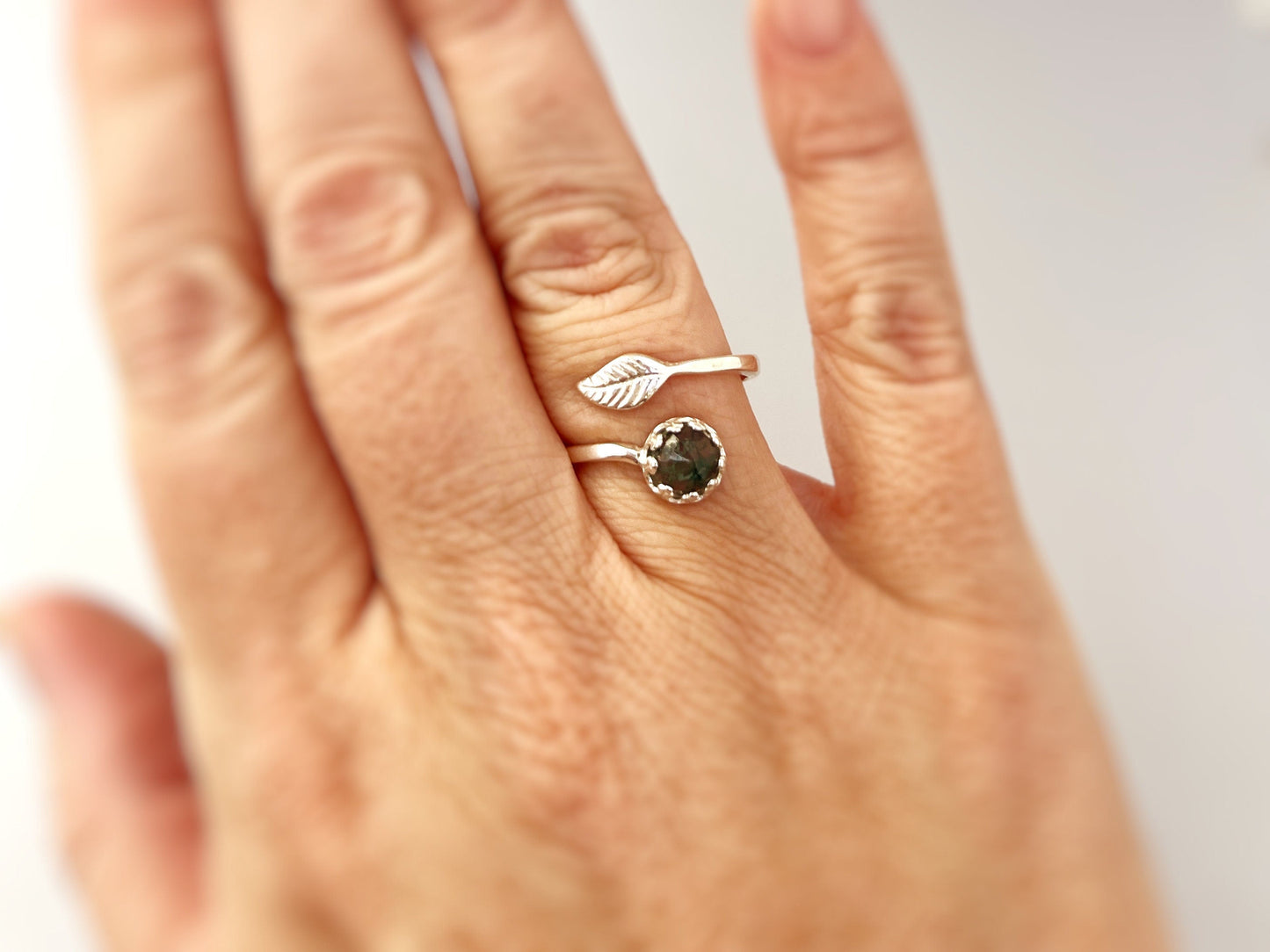Adjustable Moss Agate Leaf Sterling Silver Ring