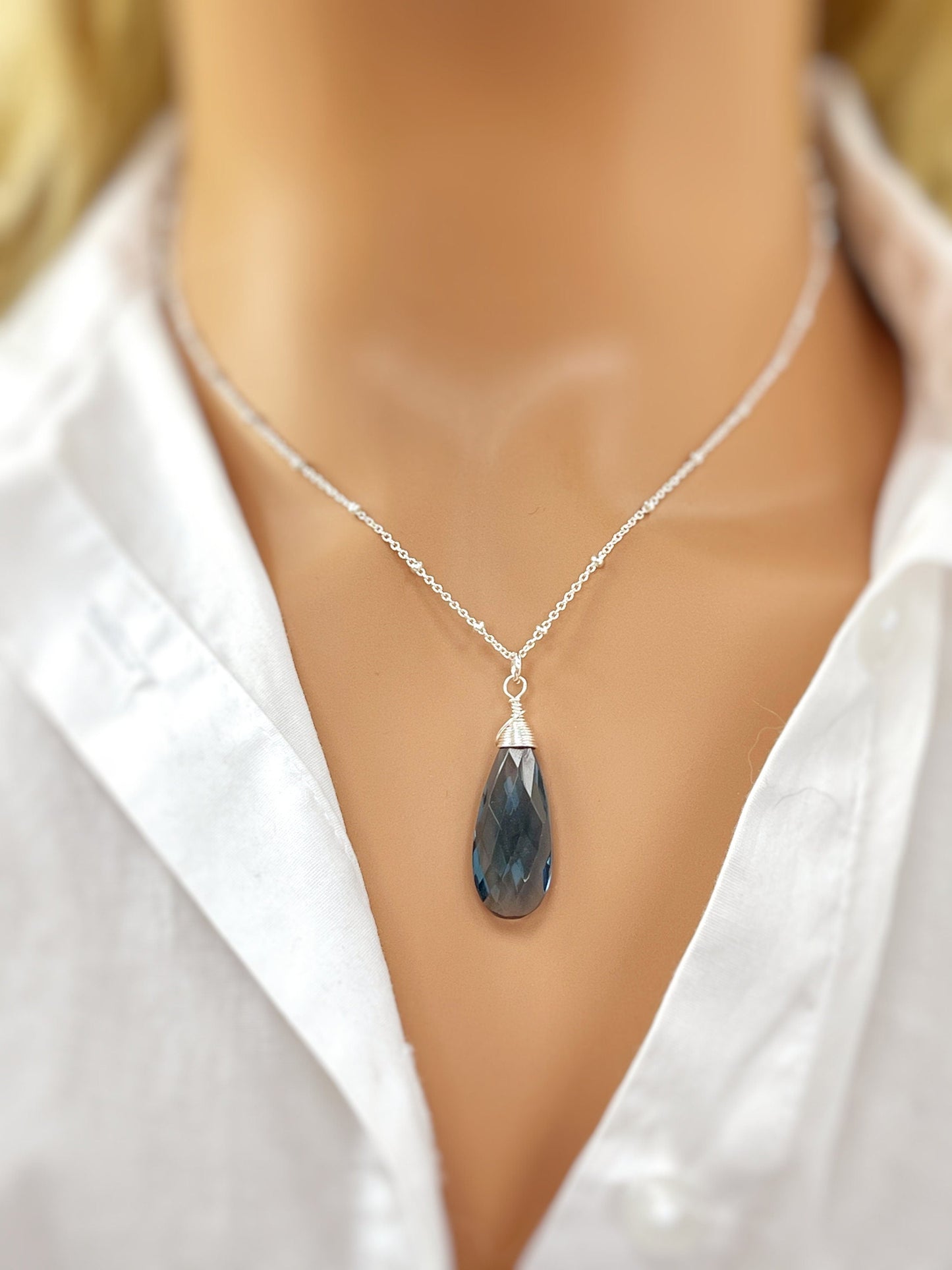 London Blue Topaz Briolette Necklace - Sterling Silver
