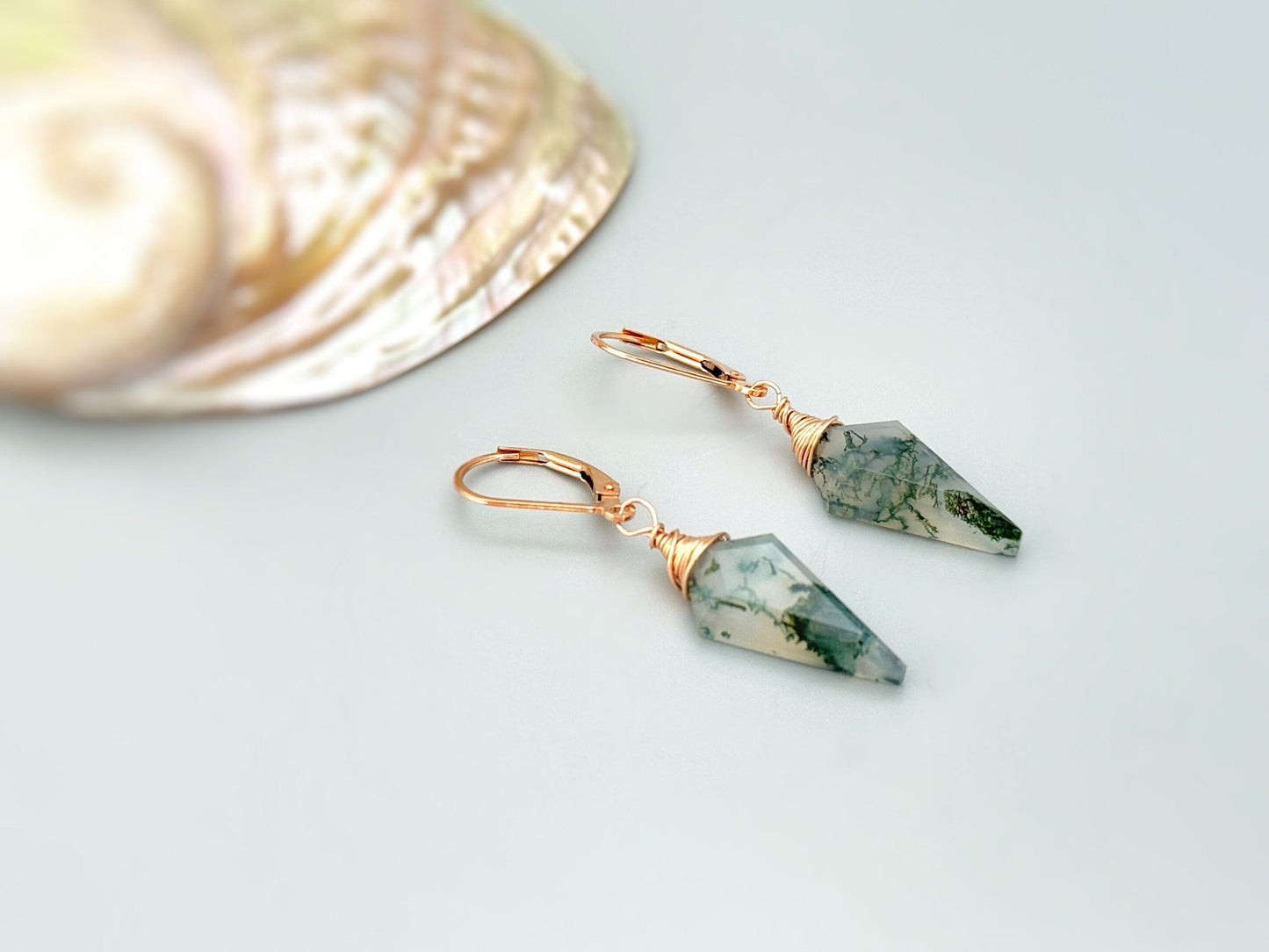Handmade Moss Agate Drop Earrings- 14k Gold Fill & Sterling Silver