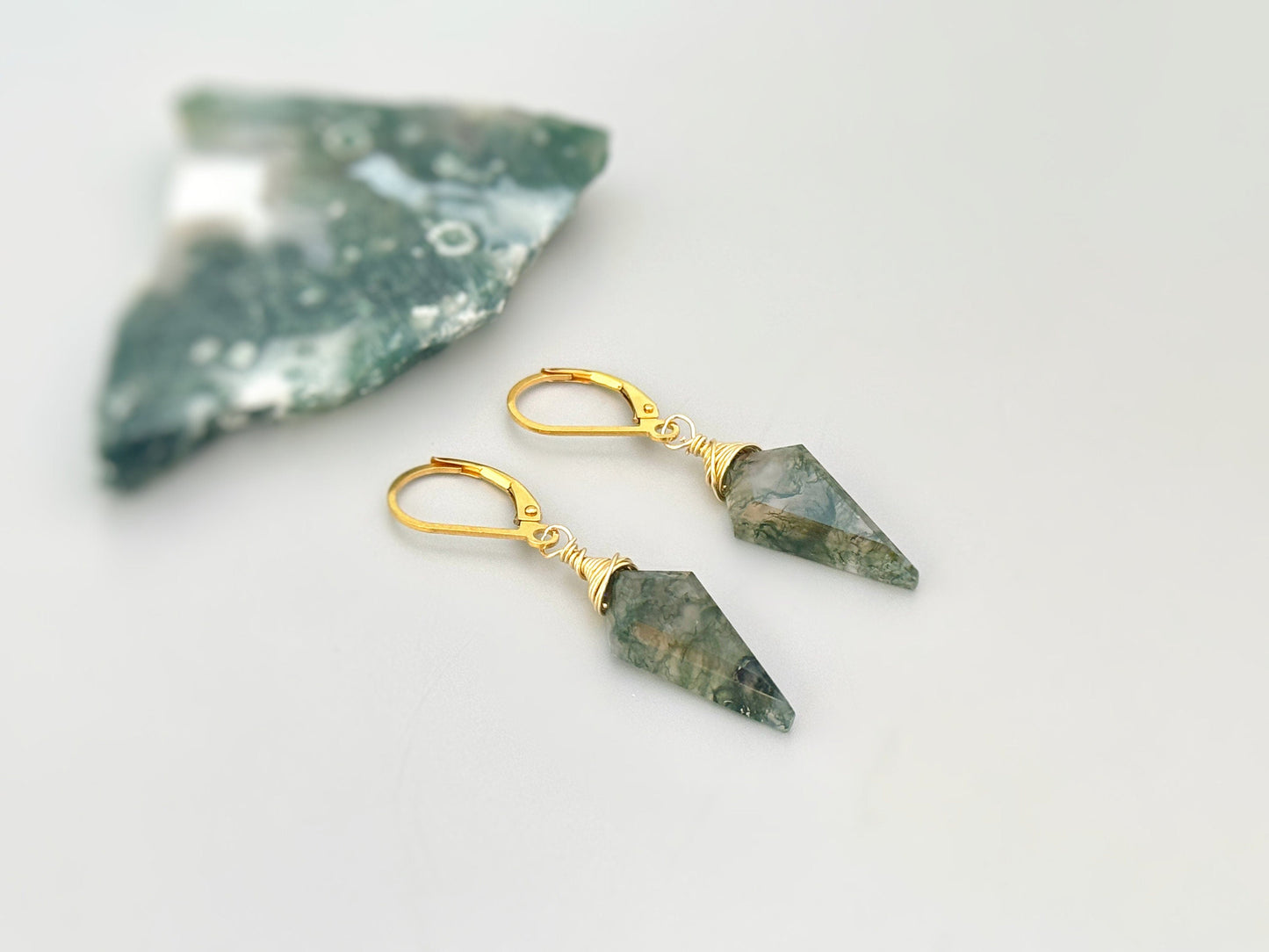 Handmade Moss Agate Drop Earrings- 14k Gold Fill & Sterling Silver