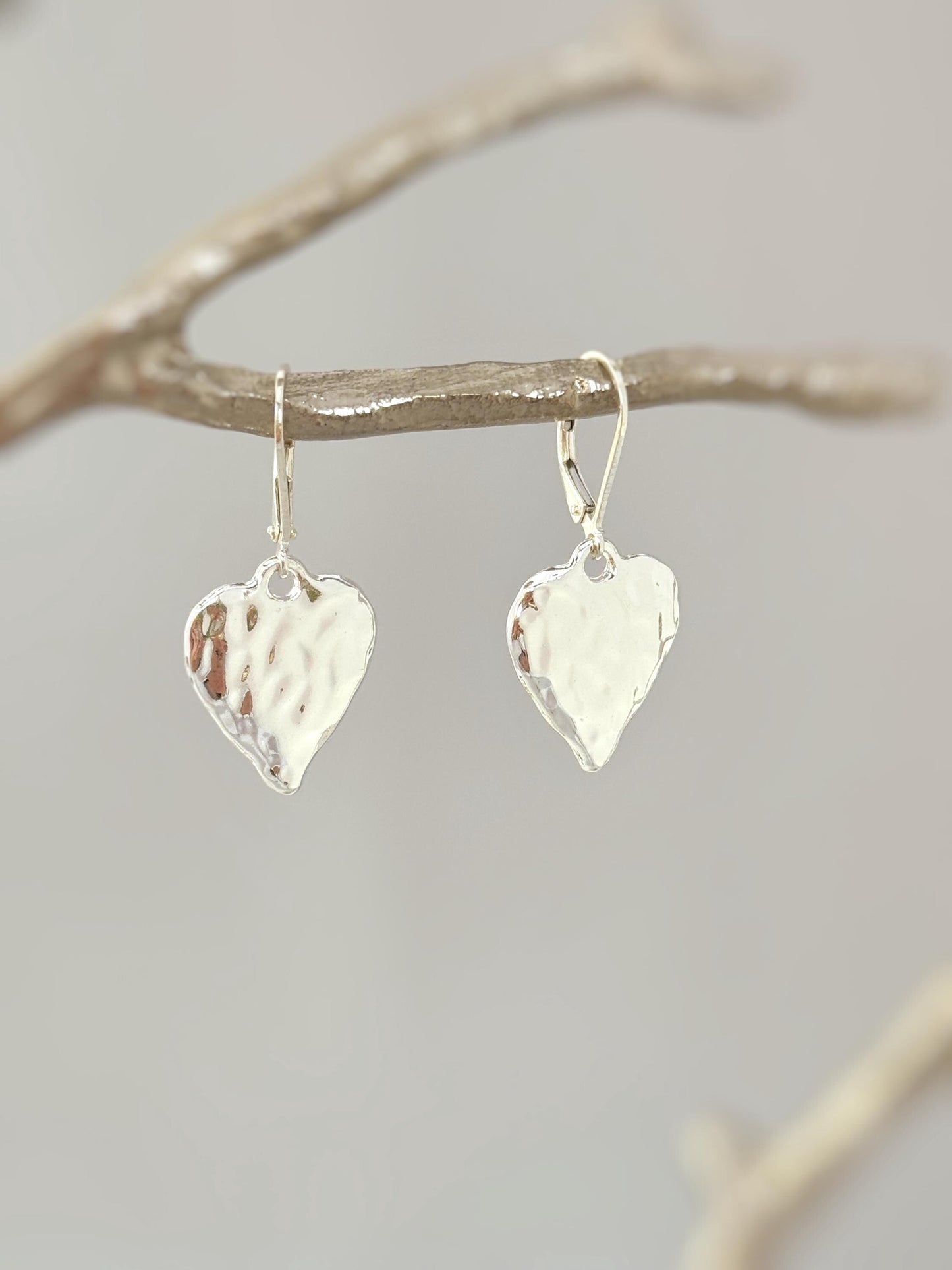 Handcrafted Bohemian-Style Hammered Pure Silver Heart Drop Earrings