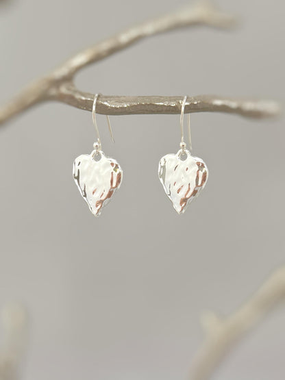 Handcrafted Bohemian-Style Hammered Pure Silver Heart Drop Earrings