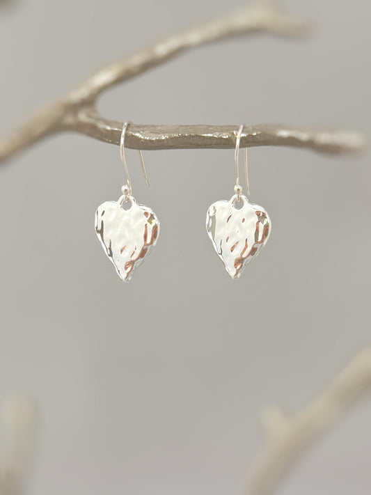 Handcrafted Bohemian-Style Hammered Pure Silver Heart Drop Earrings