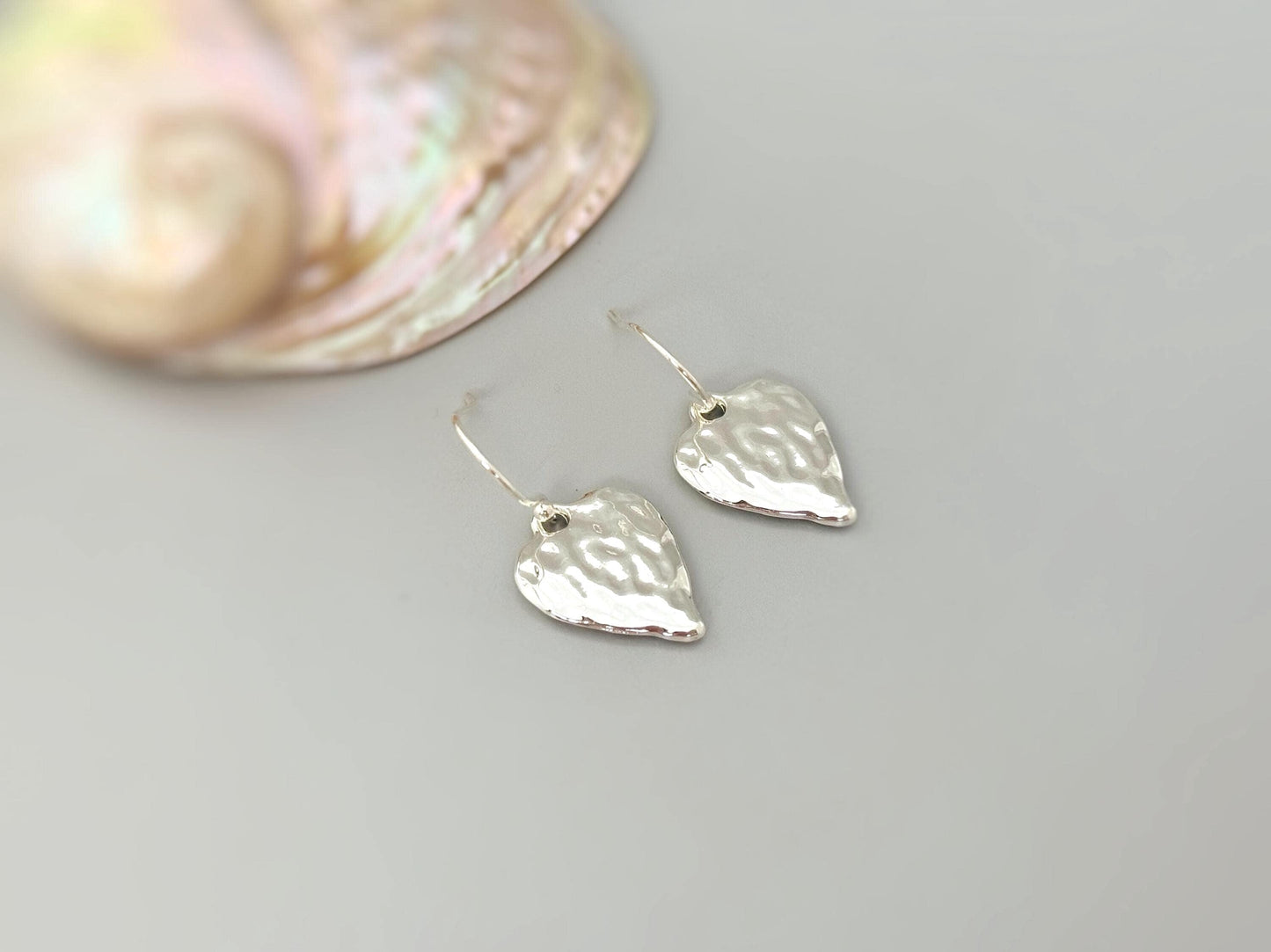 Handcrafted Bohemian-Style Hammered Pure Silver Heart Drop Earrings