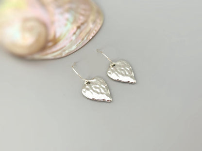 Handcrafted Bohemian-Style Hammered Pure Silver Heart Drop Earrings