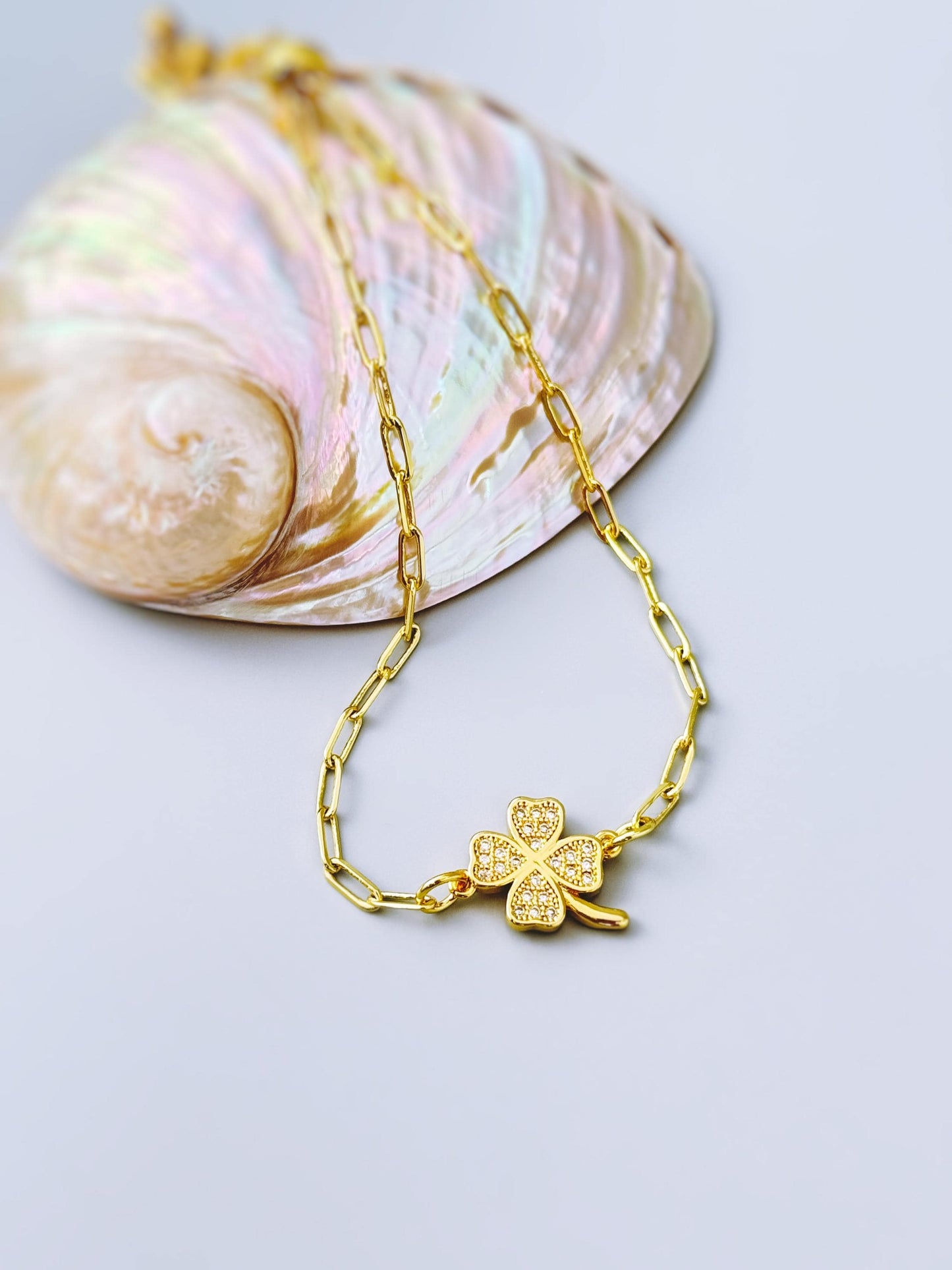 Crystal Pave Clover Paperclip Chain Bracelet