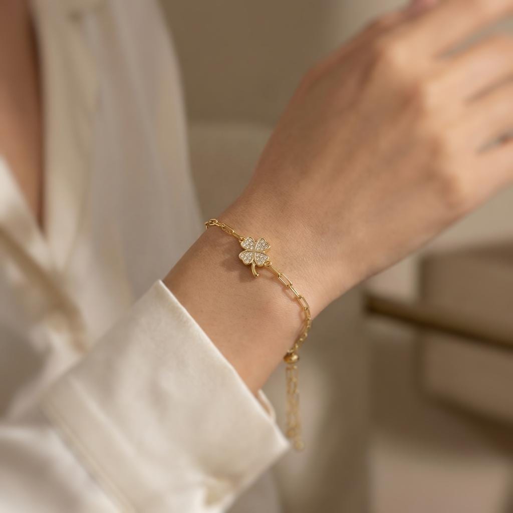 Crystal Pave Clover Paperclip Chain Bracelet