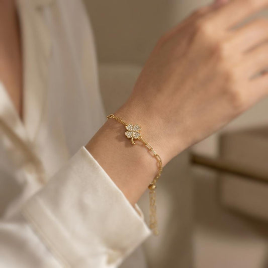 Crystal Pave Clover Paperclip Chain Bracelet